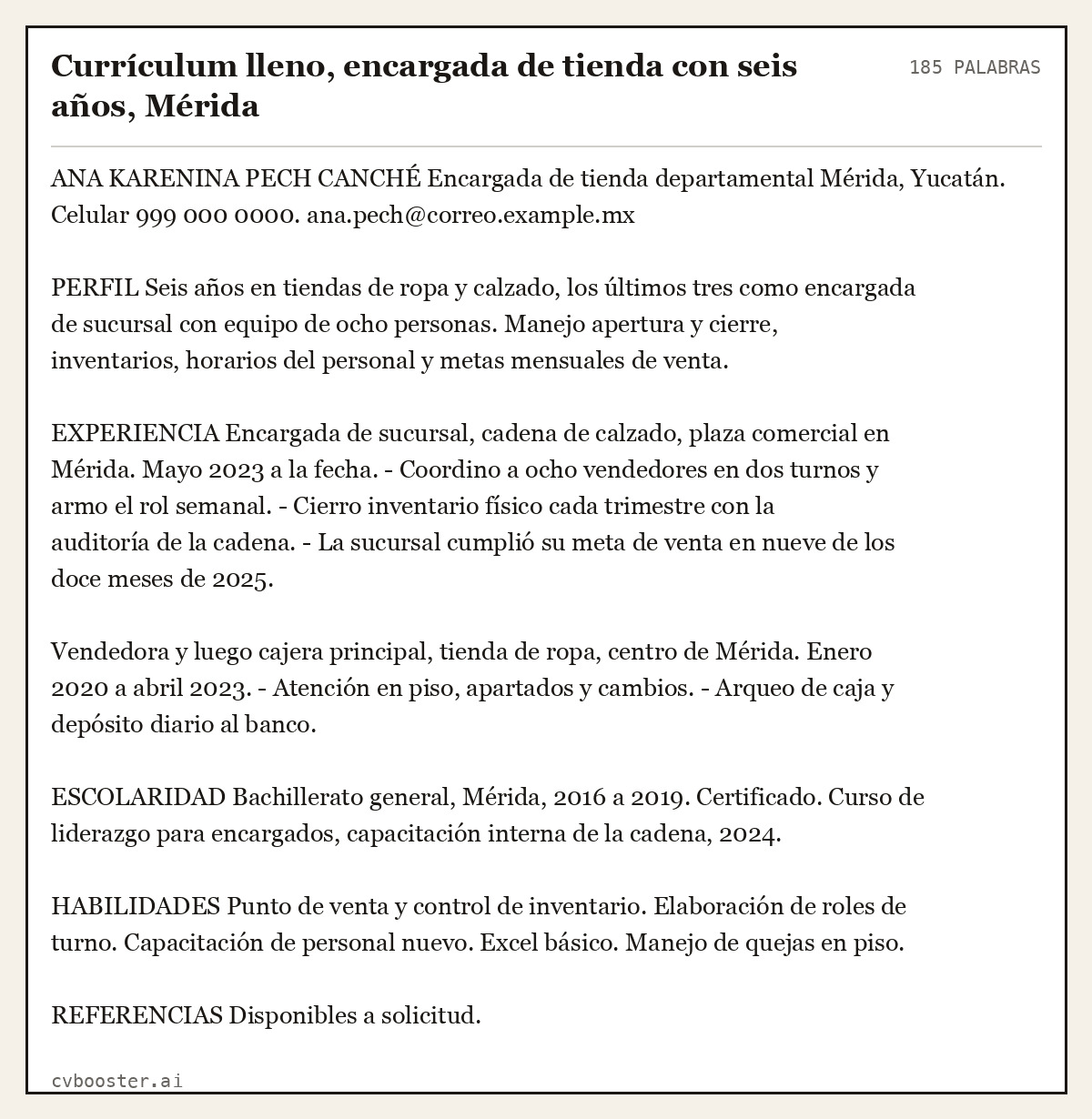Ejemplo completo: Currículum lleno, encargada de tienda con seis años, Mérida, 185 palabras
