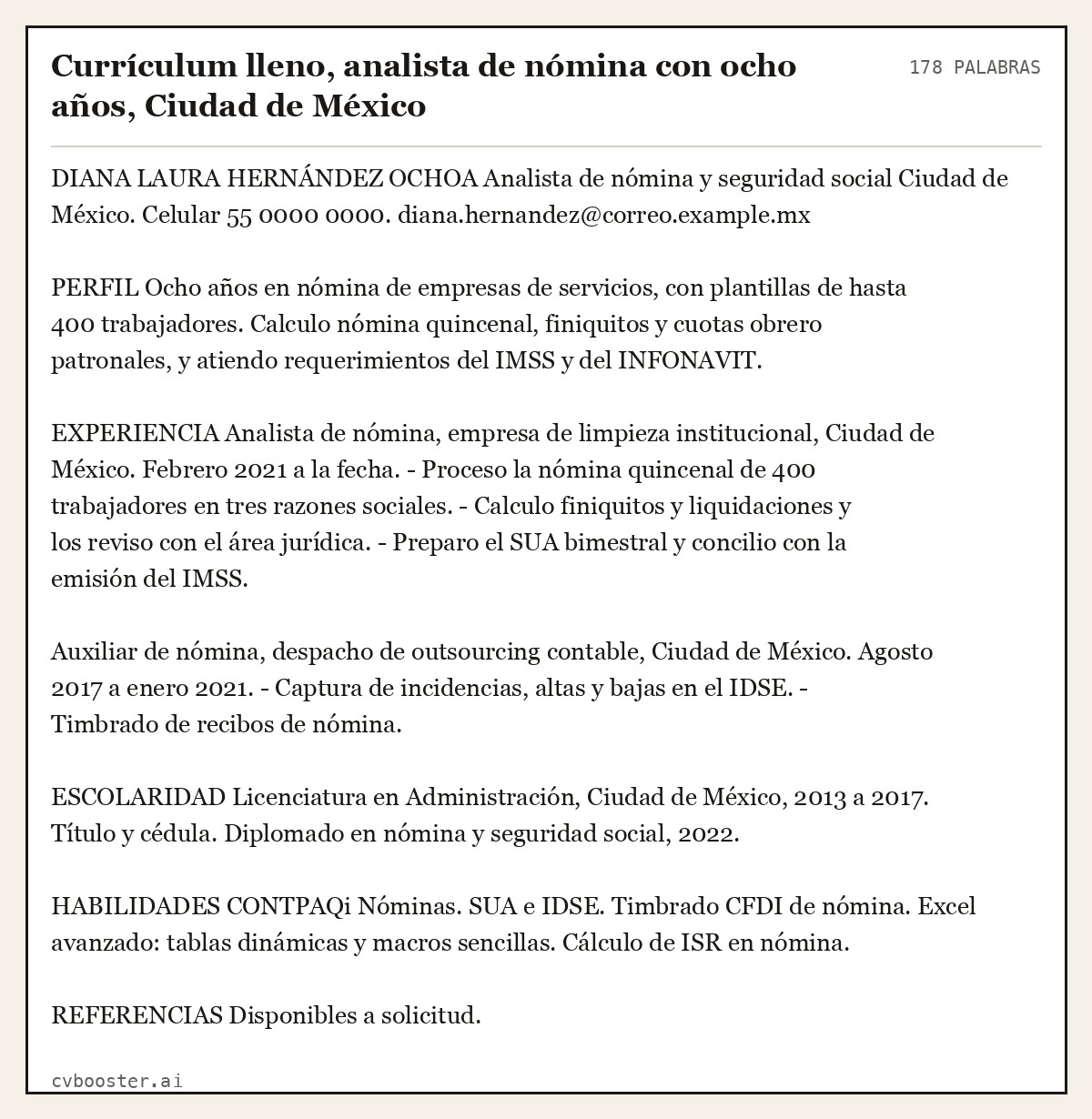 Ejemplo completo: Currículum lleno, analista de nómina con ocho años, Ciudad de México, 178 palabras