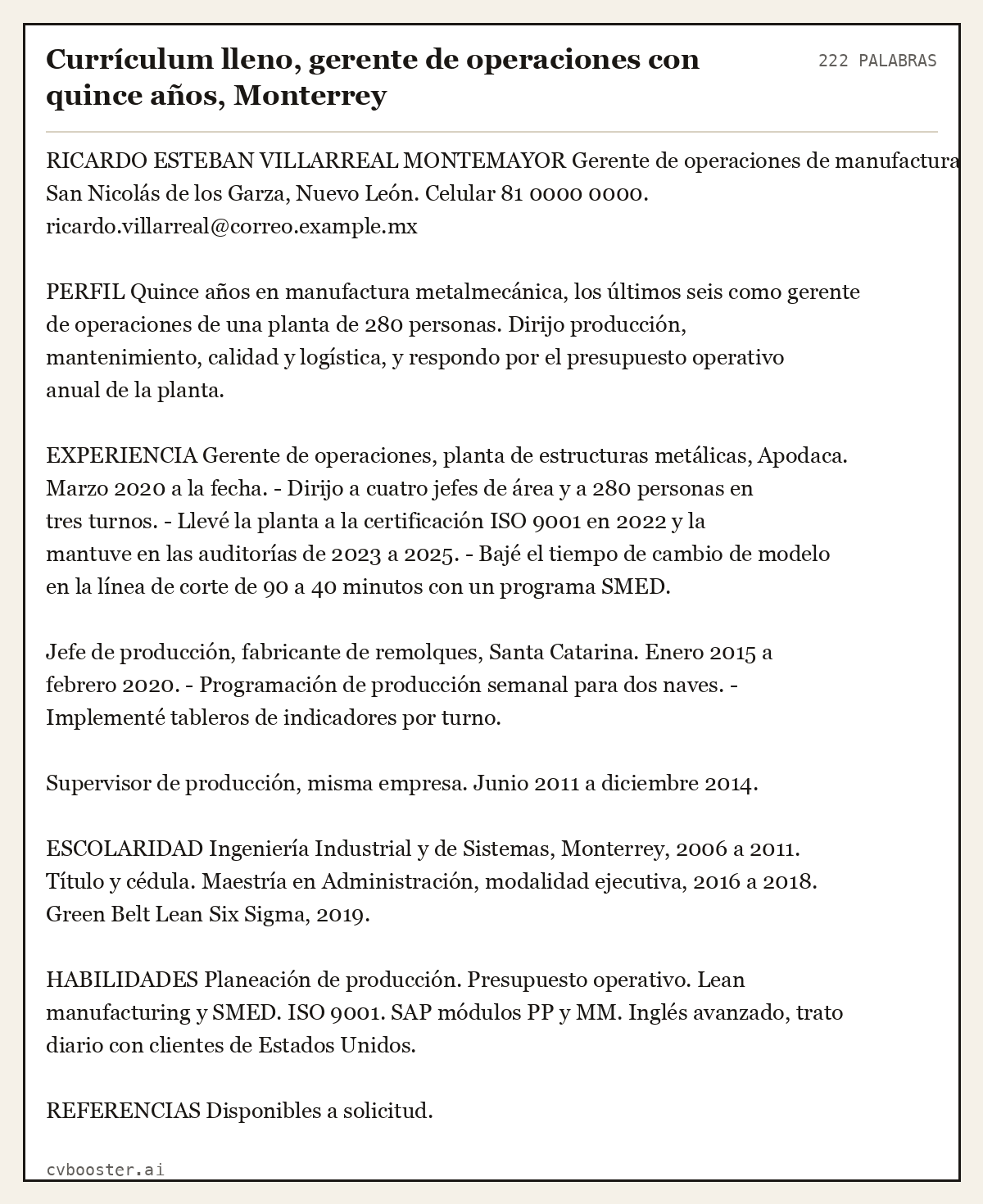 Ejemplo completo: Currículum lleno, gerente de operaciones con quince años, Monterrey, 222 palabras