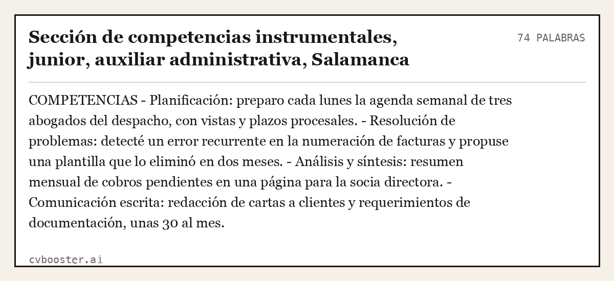 Ejemplo completo: Sección de competencias instrumentales, junior, auxiliar administrativa, Salamanca, 74 palabras