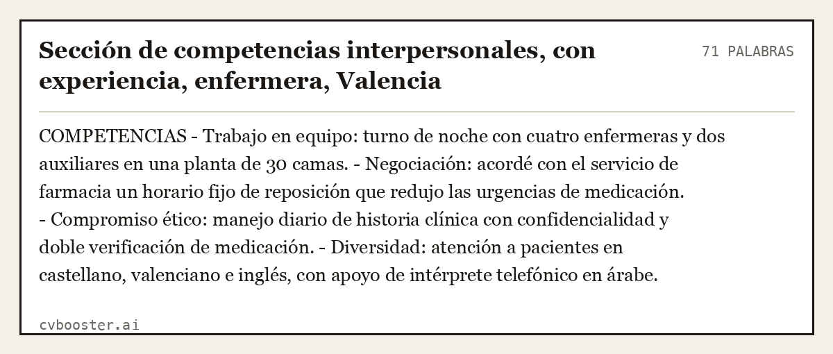 Ejemplo completo: Sección de competencias interpersonales, con experiencia, enfermera, Valencia, 71 palabras