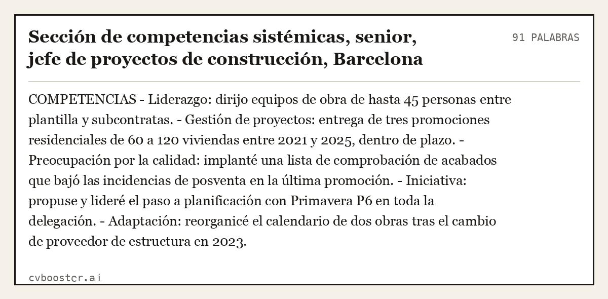 Ejemplo completo: Sección de competencias sistémicas, senior, jefe de proyectos de construcción, Barcelona, 91 palabras