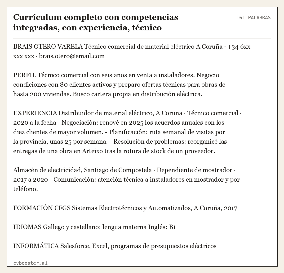 Ejemplo completo: Currículum completo con competencias integradas, con experiencia, técnico comercial, A Coruña, 161 palabras