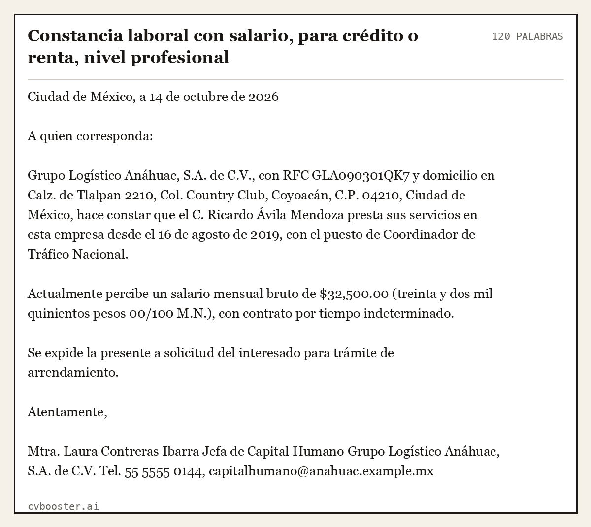 Ejemplo completo: Constancia laboral con salario, para crédito o renta, nivel profesional, 120 palabras