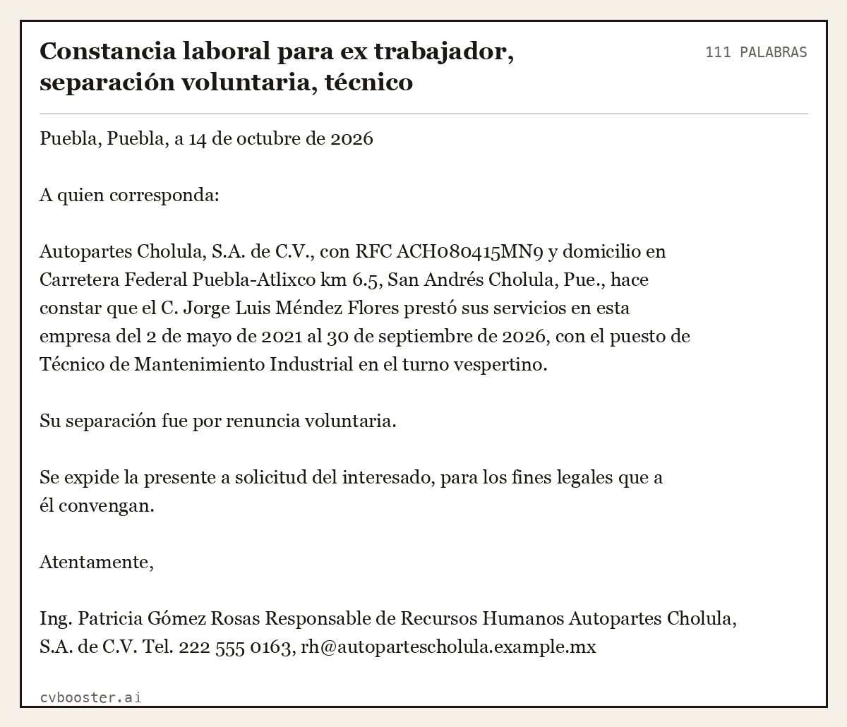 Ejemplo completo: Constancia laboral para ex trabajador, separación voluntaria, técnico, 111 palabras