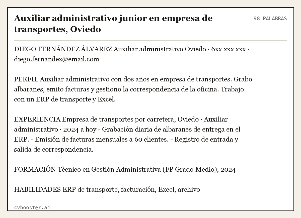 Ejemplo completo: Auxiliar administrativo junior en empresa de transportes, Oviedo, 98 palabras