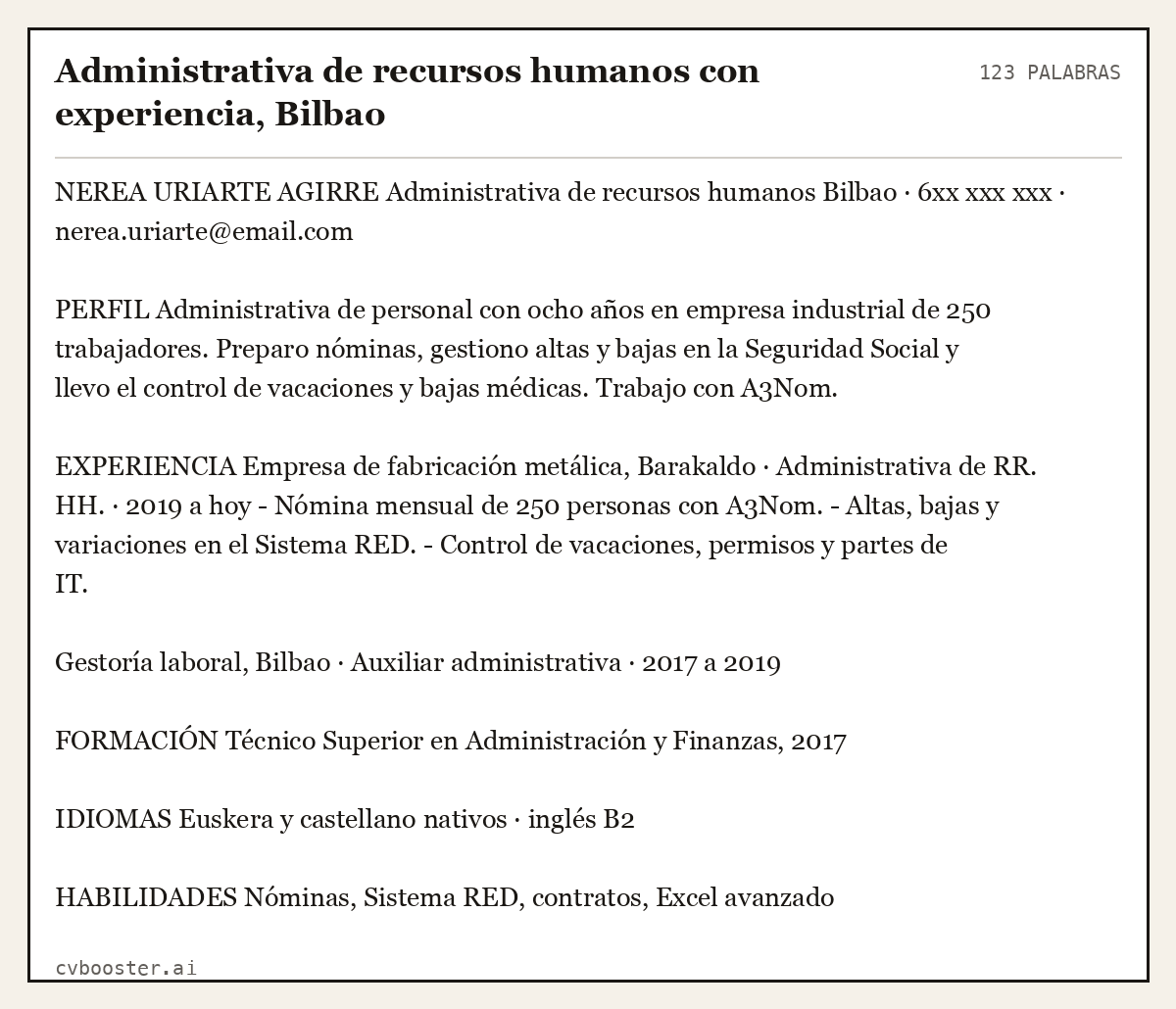 Ejemplo completo: Administrativa de recursos humanos con experiencia, Bilbao, 123 palabras