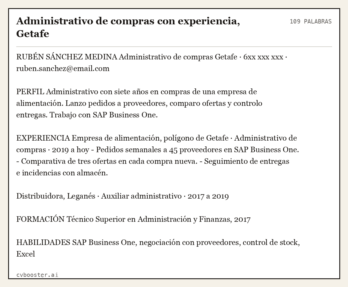 Ejemplo completo: Administrativo de compras con experiencia, Getafe, 109 palabras