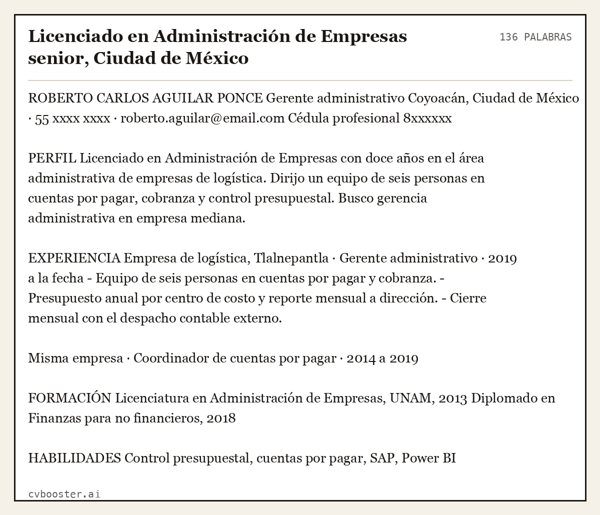 Ejemplo completo: Licenciado en Administración de Empresas senior, Ciudad de México, 136 palabras