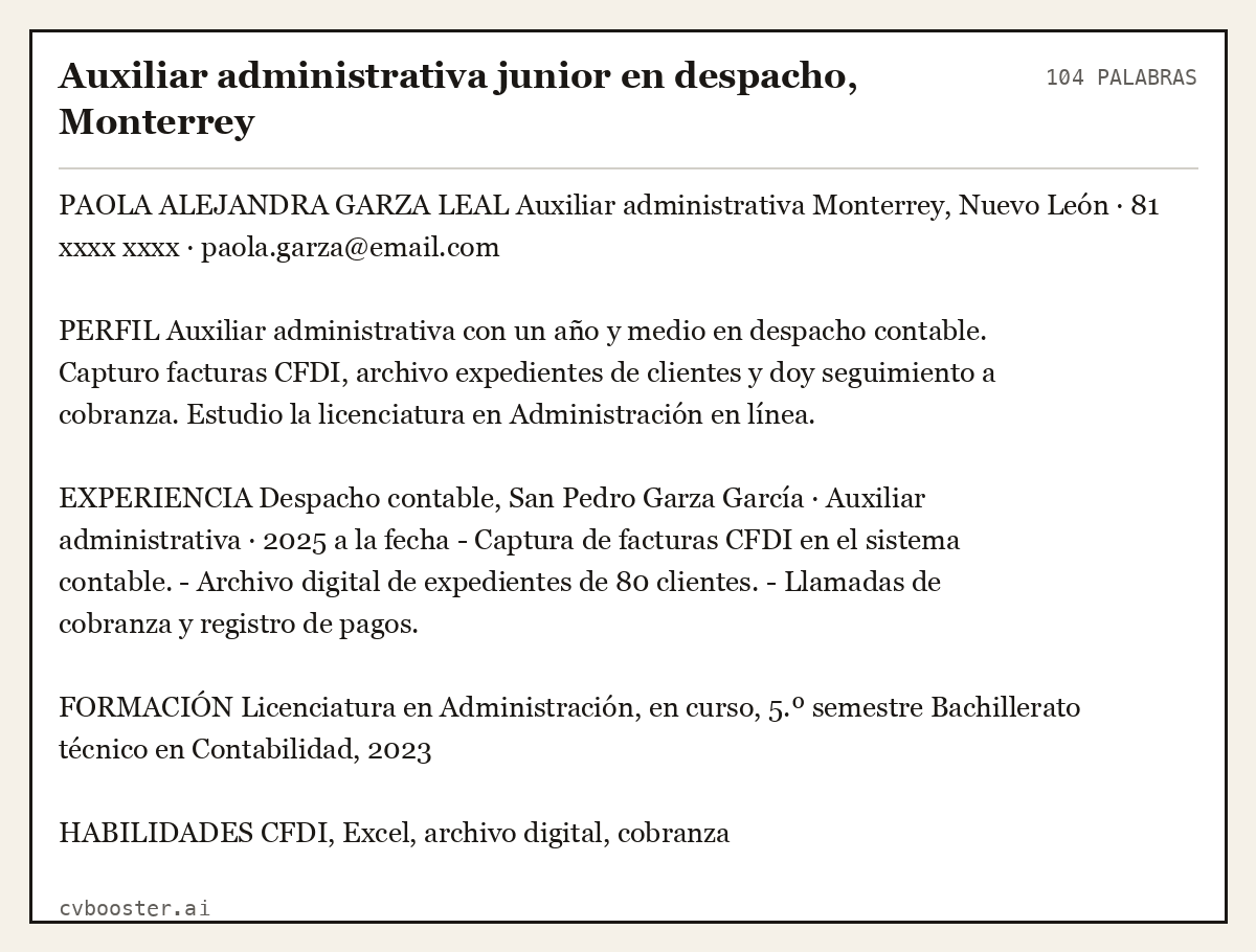 Ejemplo completo: Auxiliar administrativa junior en despacho, Monterrey, 104 palabras