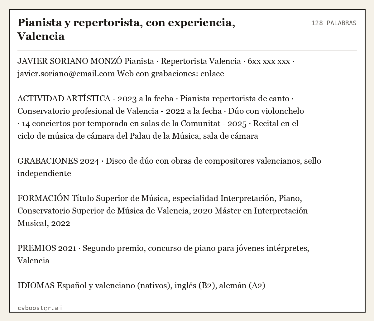 Ejemplo completo: Pianista y repertorista, con experiencia, Valencia, 128 palabras