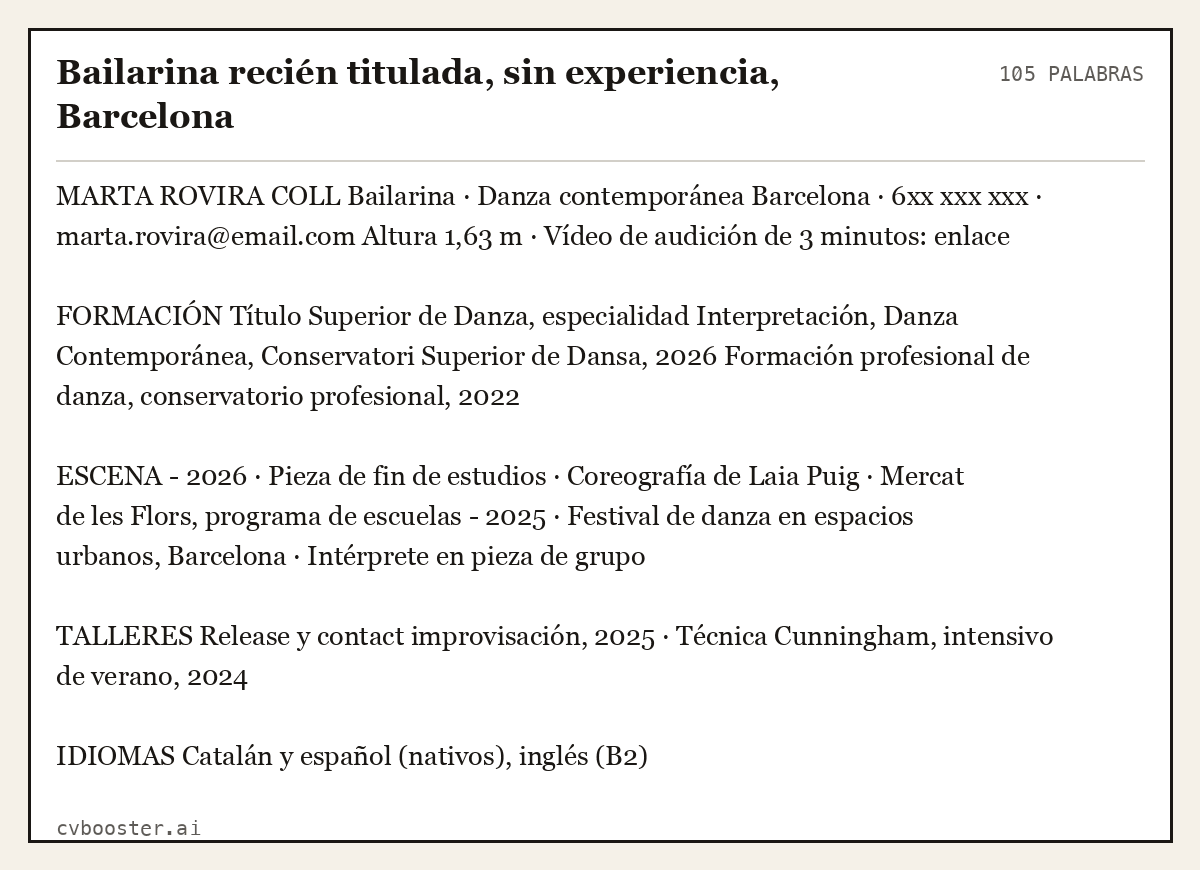 Ejemplo completo: Bailarina recién titulada, sin experiencia, Barcelona, 105 palabras