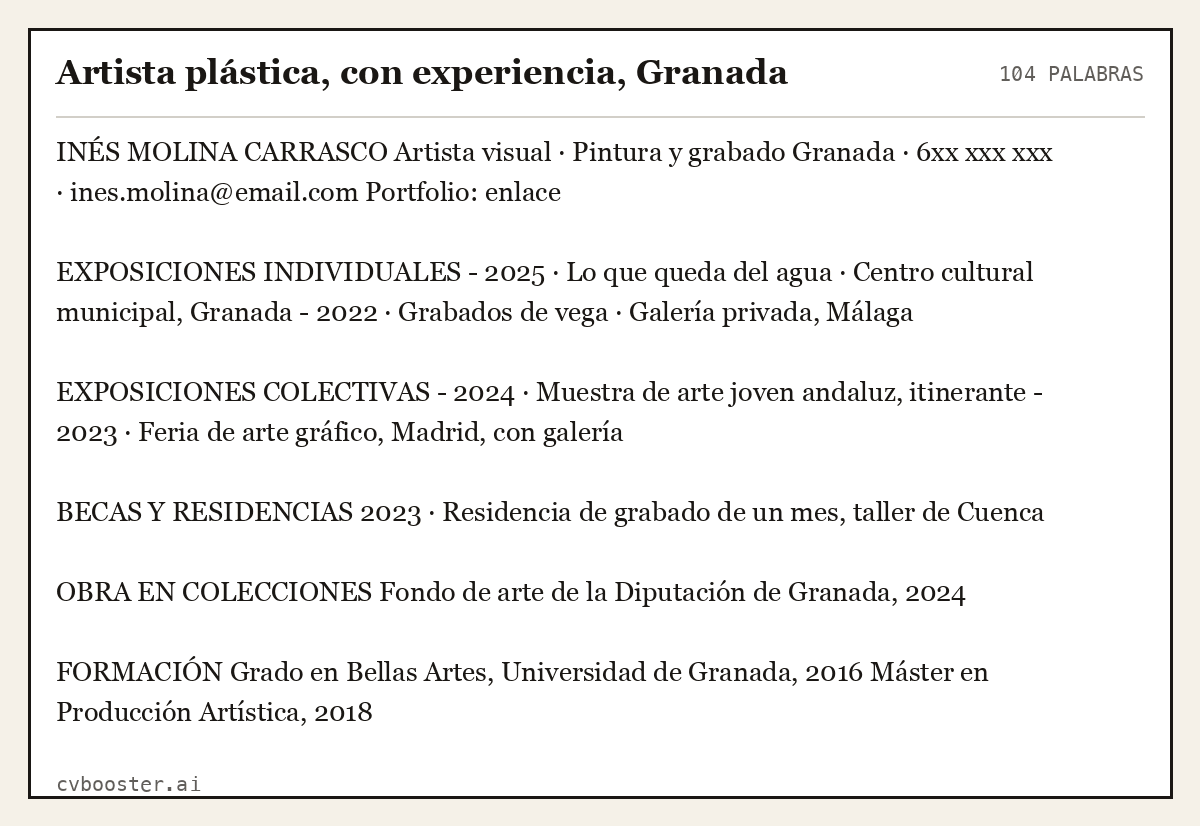 Ejemplo completo: Artista plástica, con experiencia, Granada, 104 palabras