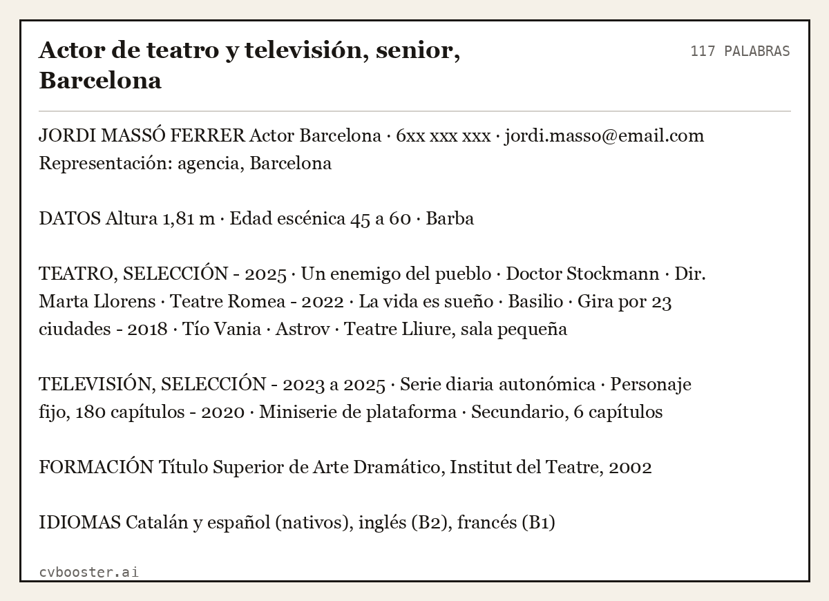 Ejemplo completo: Actor de teatro y televisión, senior, Barcelona, 117 palabras