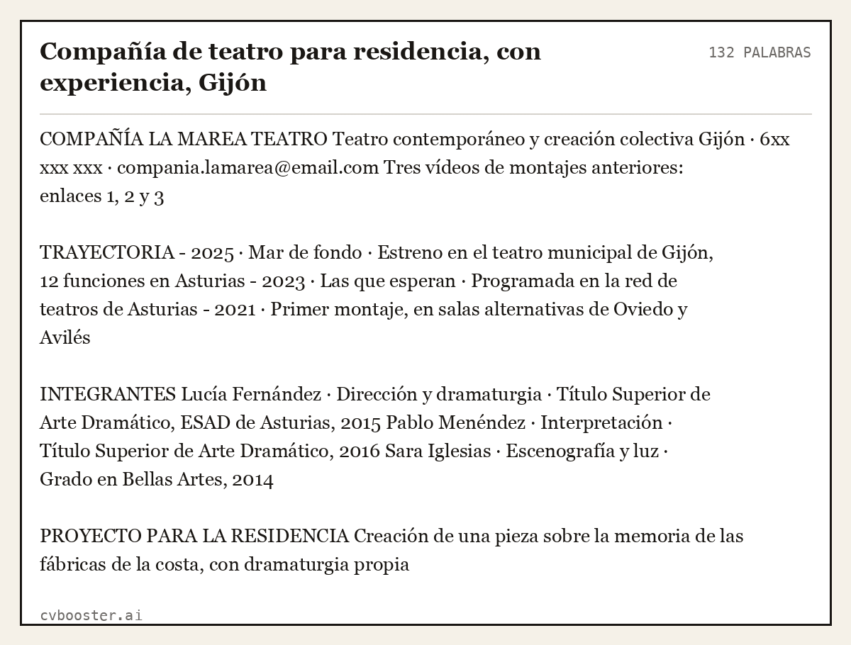 Ejemplo completo: Compañía de teatro para residencia, con experiencia, Gijón, 132 palabras