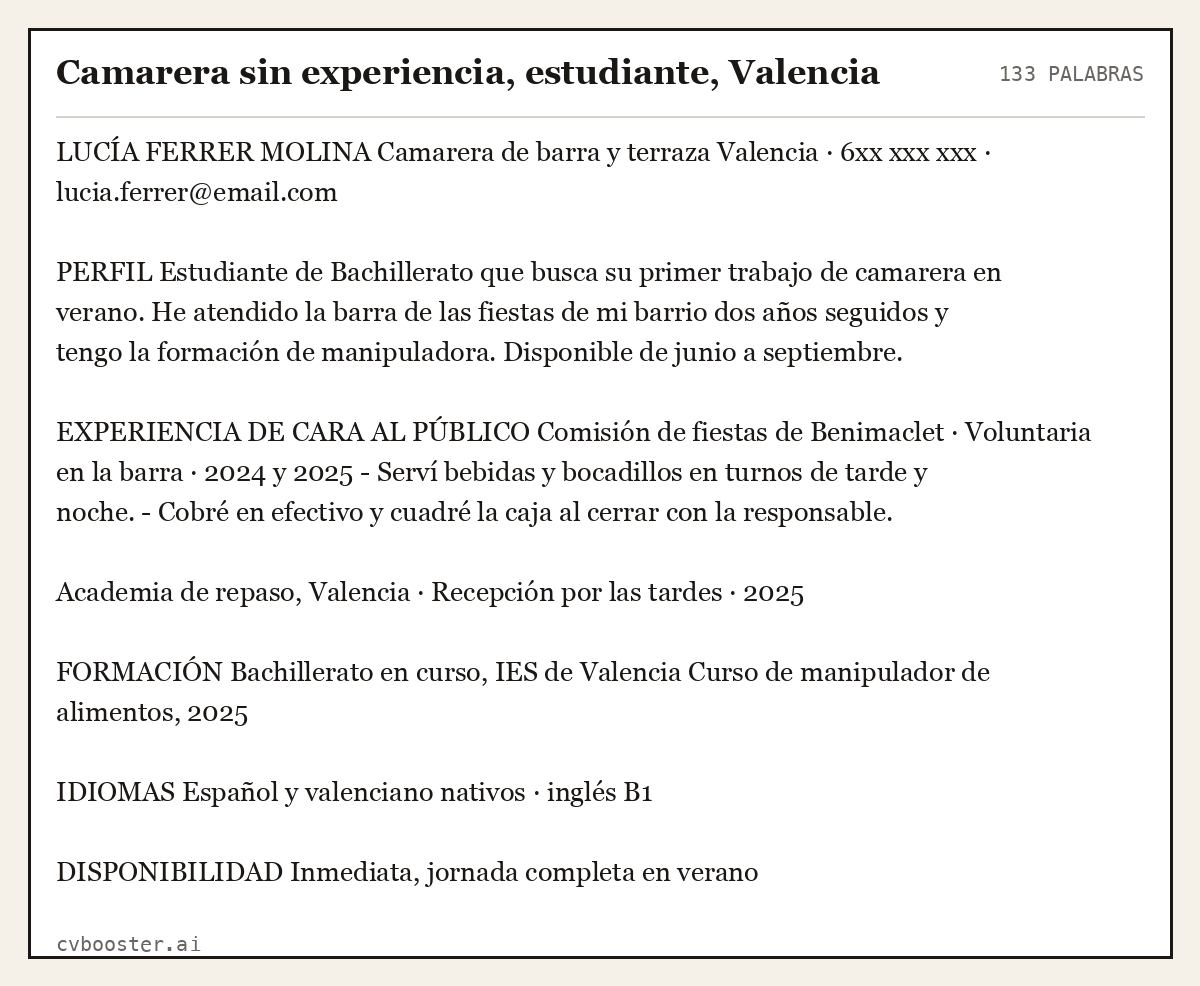 Ejemplo completo: Camarera sin experiencia, estudiante, Valencia, 133 palabras