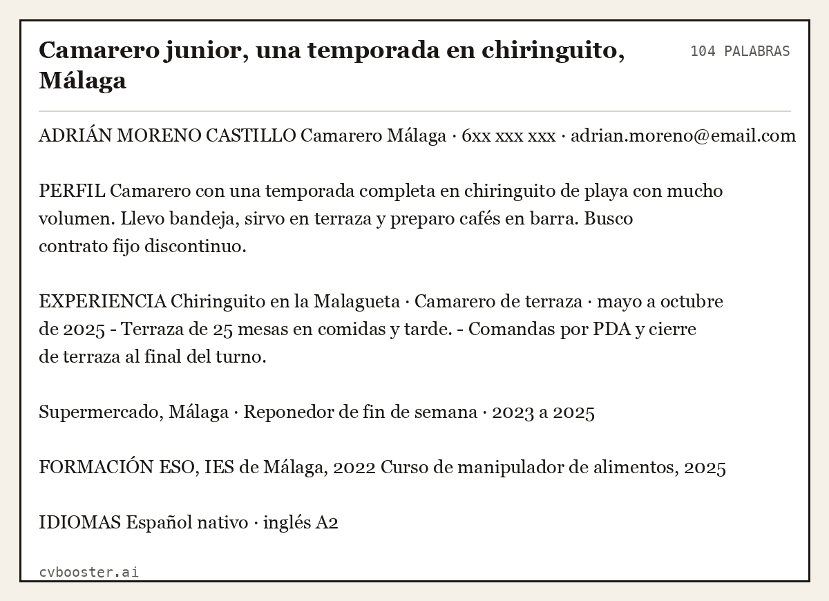 Ejemplo completo: Camarero junior, una temporada en chiringuito, Málaga, 104 palabras