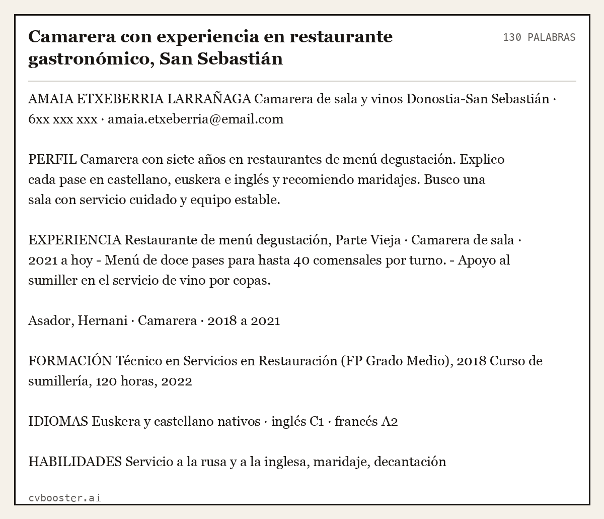 Ejemplo completo: Camarera con experiencia en restaurante gastronómico, San Sebastián, 130 palabras