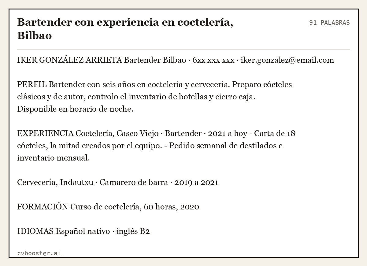 Ejemplo completo: Bartender con experiencia en coctelería, Bilbao, 91 palabras