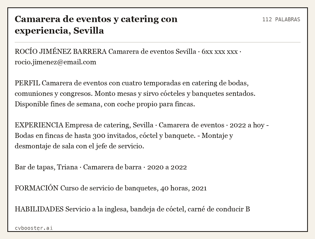 Ejemplo completo: Camarera de eventos y catering con experiencia, Sevilla, 112 palabras