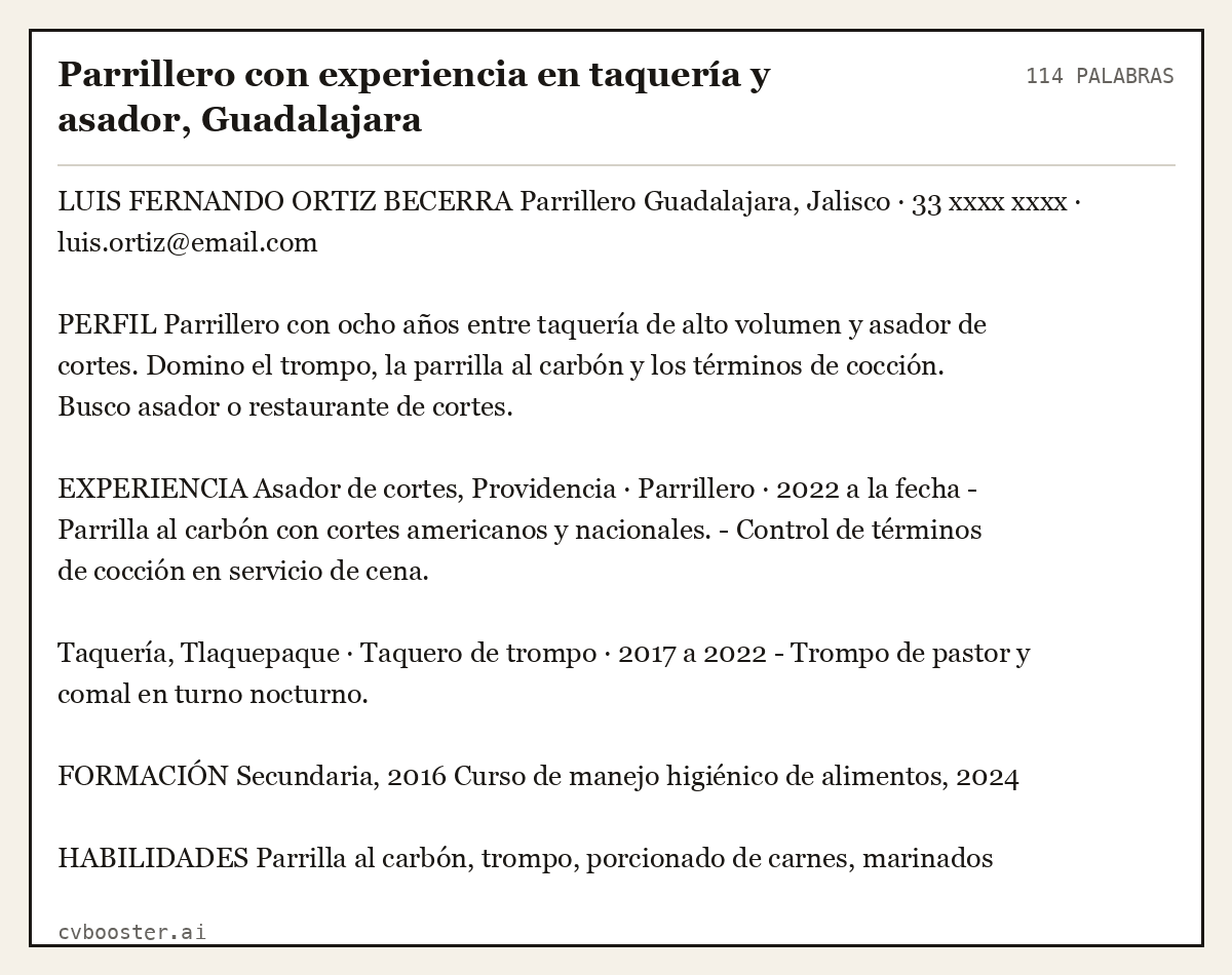 Ejemplo completo: Parrillero con experiencia en taquería y asador, Guadalajara, 114 palabras