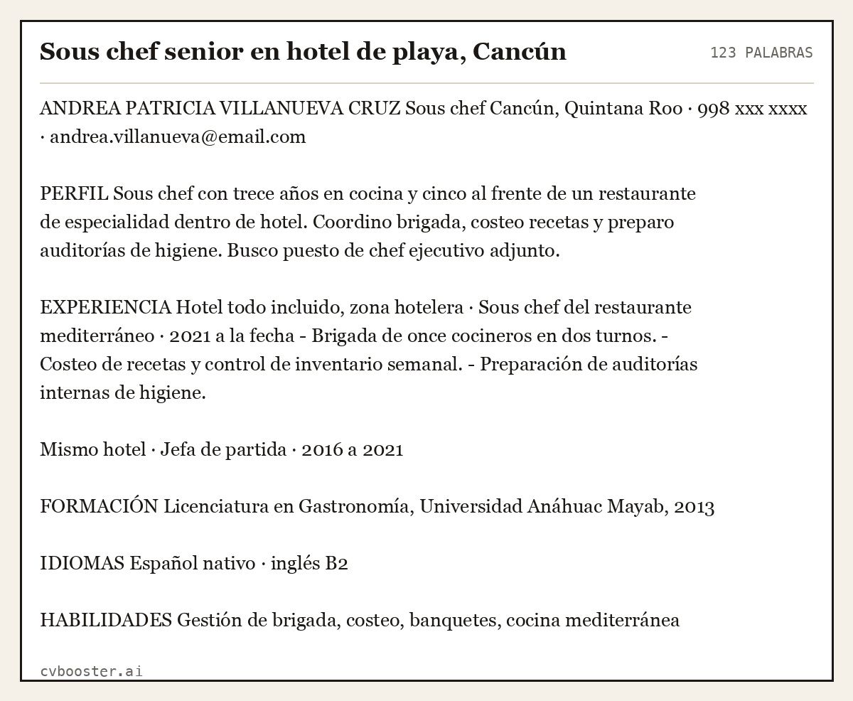 Ejemplo completo: Sous chef senior en hotel de playa, Cancún, 123 palabras