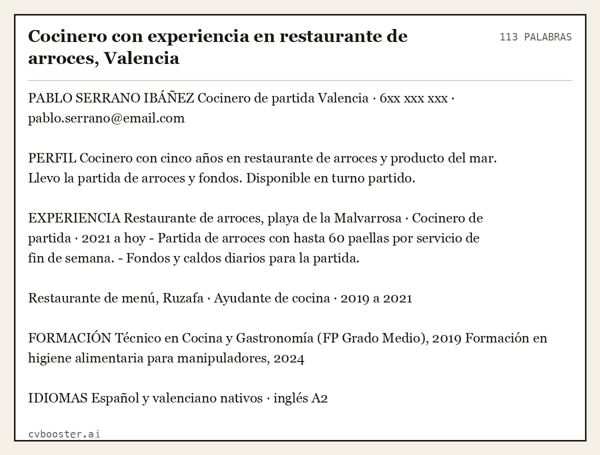 Ejemplo completo: Cocinero con experiencia en restaurante de arroces, Valencia, 113 palabras