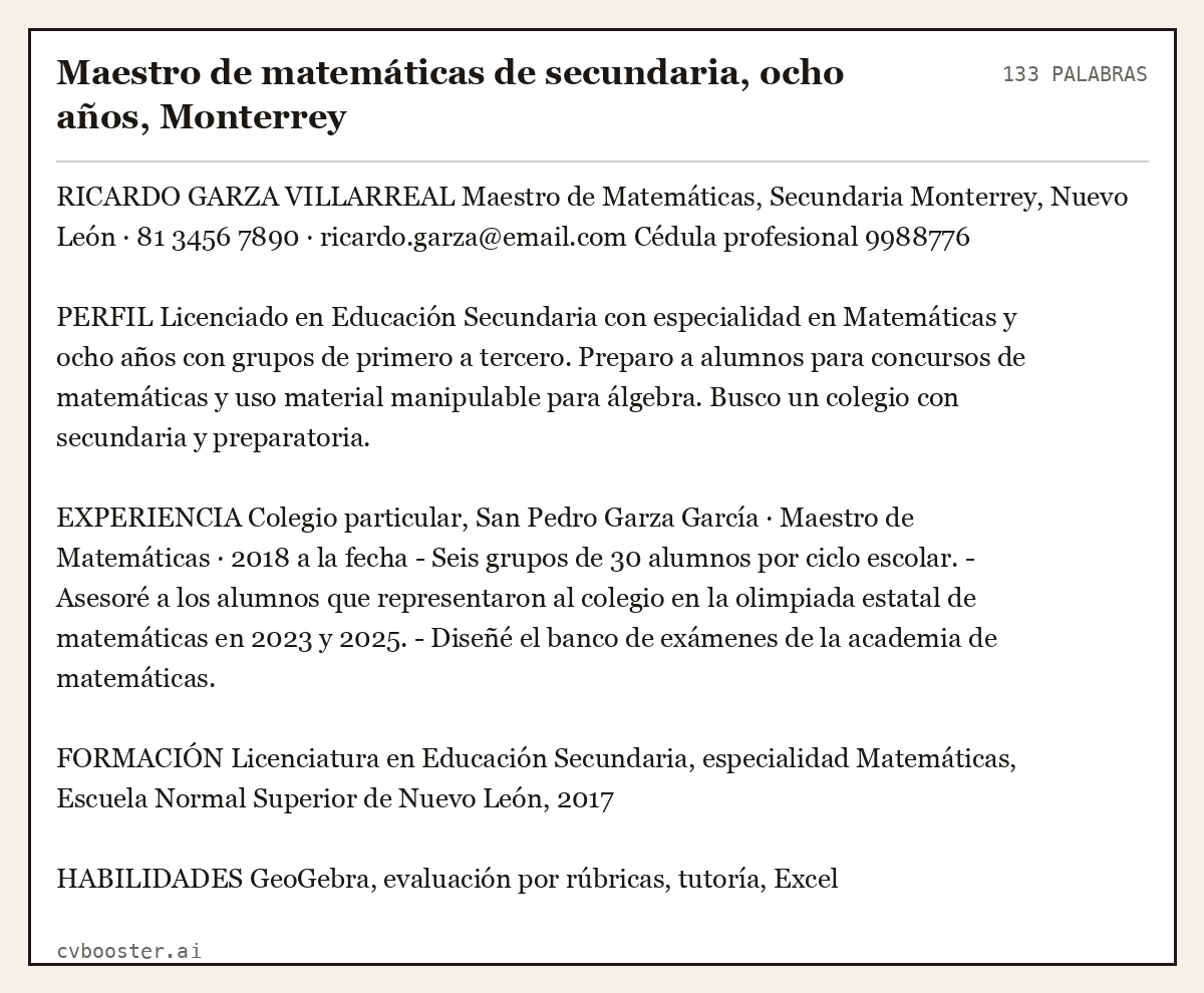 Ejemplo completo: Maestro de matemáticas de secundaria, ocho años, Monterrey, 133 palabras