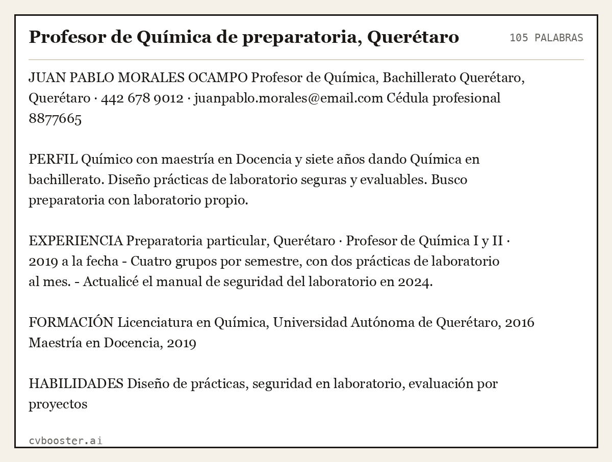 Ejemplo completo: Profesor de Química de preparatoria, Querétaro, 105 palabras