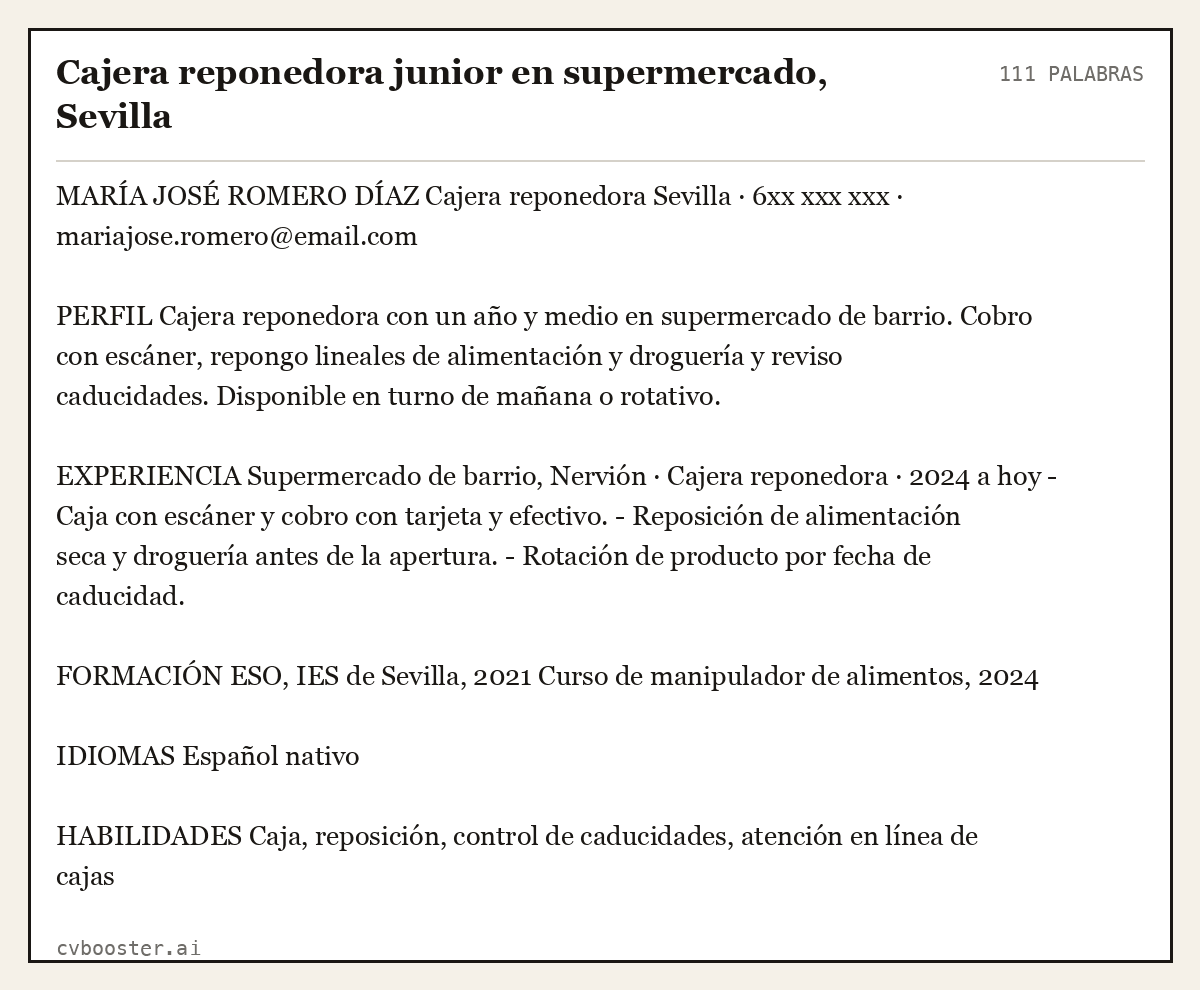 Ejemplo completo: Cajera reponedora junior en supermercado, Sevilla, 111 palabras