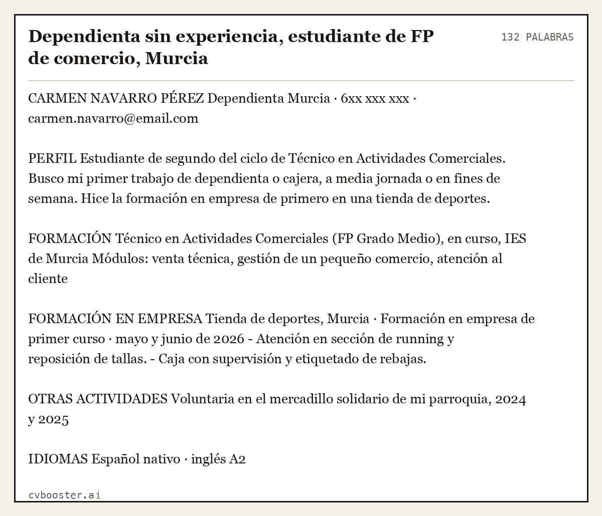 Ejemplo completo: Dependienta sin experiencia, estudiante de FP de comercio, Murcia, 132 palabras