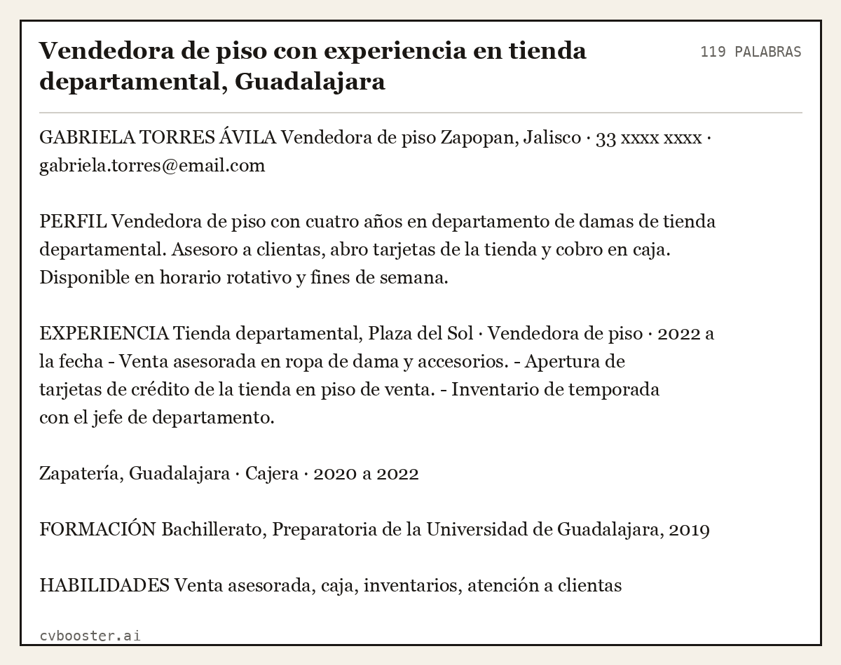 Ejemplo completo: Vendedora de piso con experiencia en tienda departamental, Guadalajara, 119 palabras