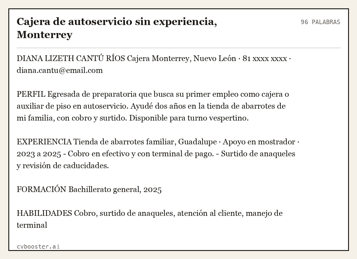 Ejemplo completo: Cajera de autoservicio sin experiencia, Monterrey, 96 palabras