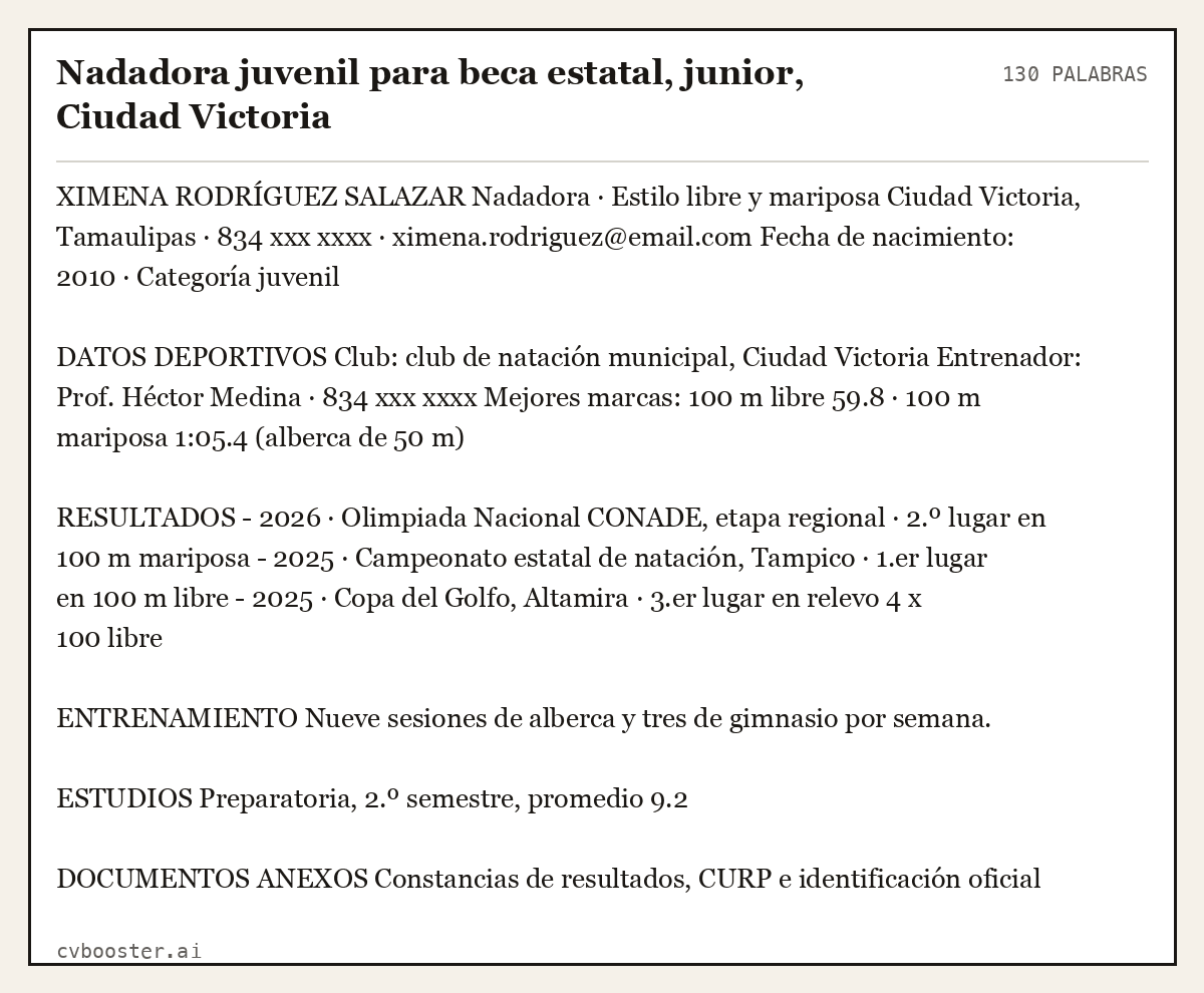 Ejemplo completo: Nadadora juvenil para beca estatal, junior, Ciudad Victoria, 130 palabras