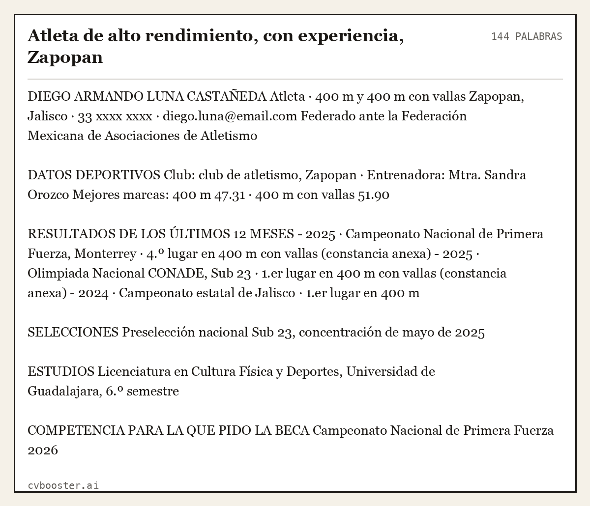 Ejemplo completo: Atleta de alto rendimiento, con experiencia, Zapopan, 144 palabras