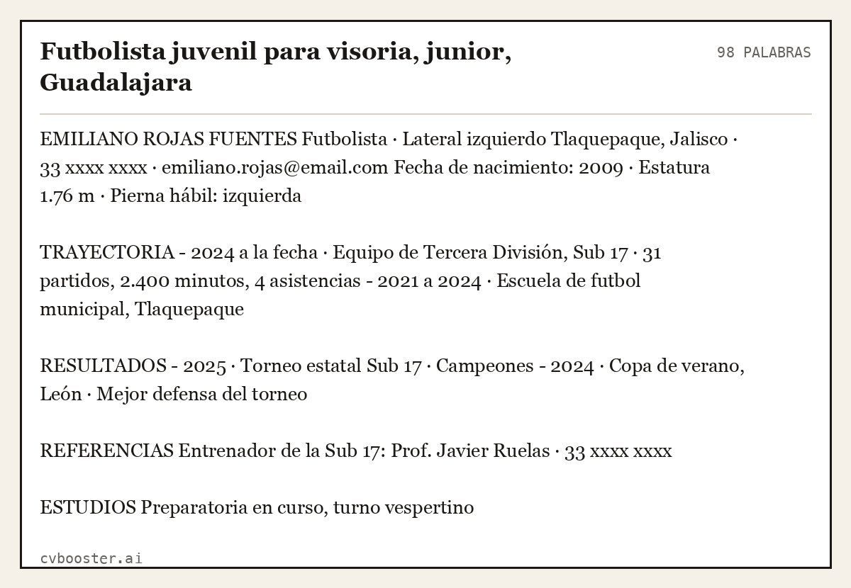 Ejemplo completo: Futbolista juvenil para visoria, junior, Guadalajara, 98 palabras