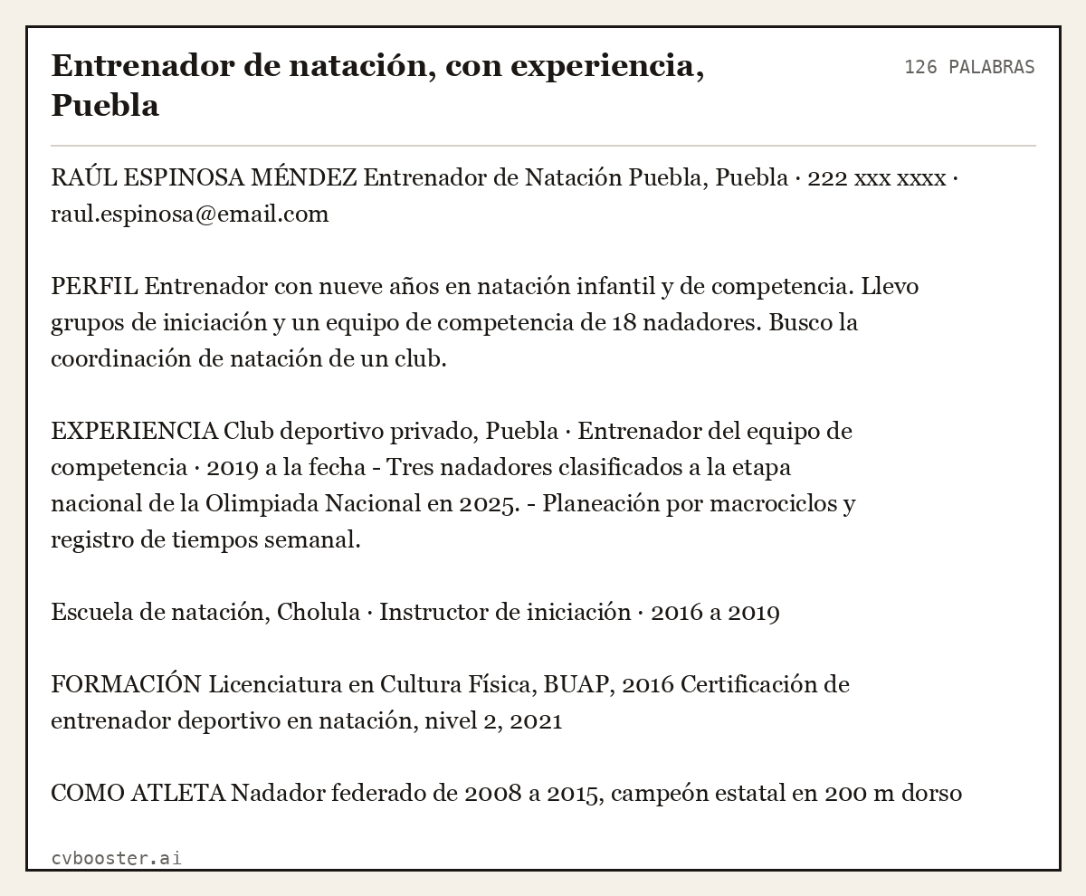 Ejemplo completo: Entrenador de natación, con experiencia, Puebla, 126 palabras