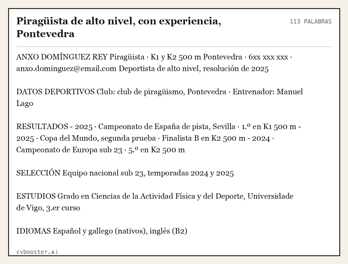 Ejemplo completo: Piragüista de alto nivel, con experiencia, Pontevedra, 113 palabras