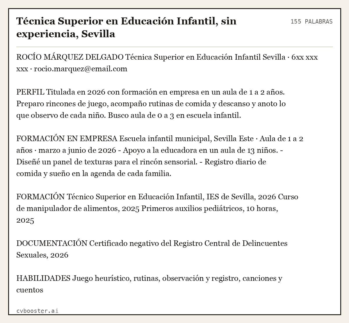 Ejemplo completo: Técnica Superior en Educación Infantil, sin experiencia, Sevilla, 155 palabras