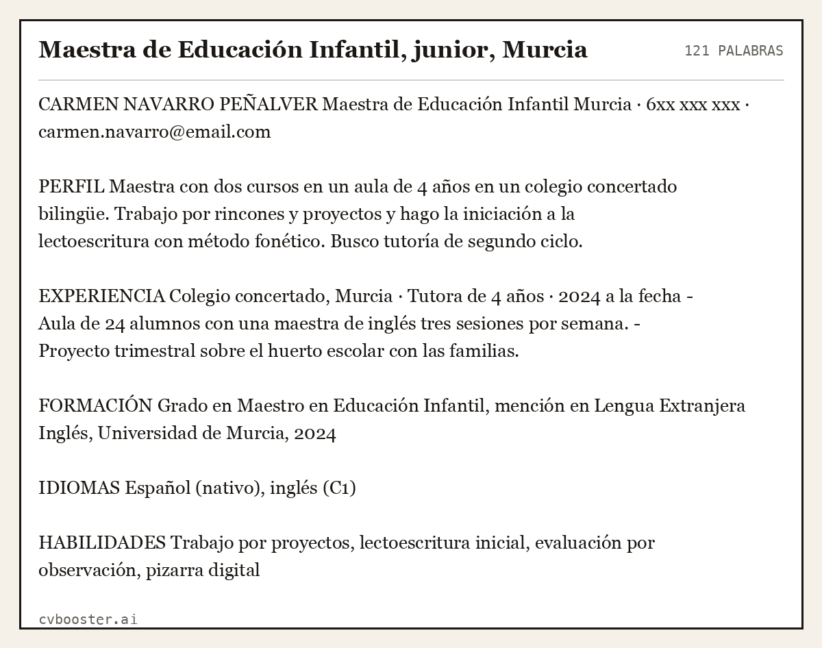 Ejemplo completo: Maestra de Educación Infantil, junior, Murcia, 121 palabras