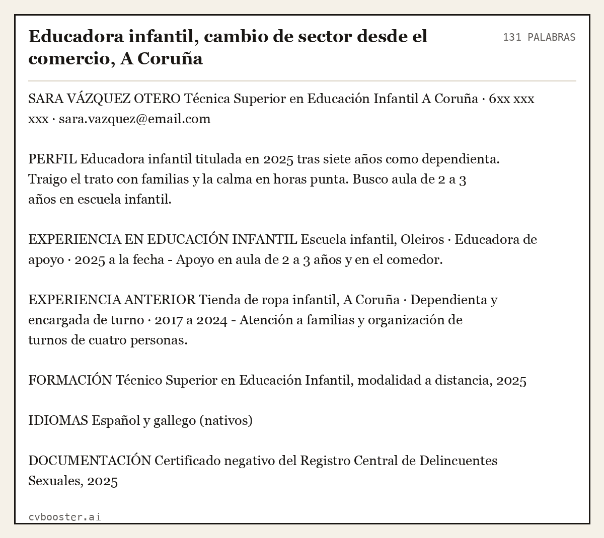 Ejemplo completo: Educadora infantil, cambio de sector desde el comercio, A Coruña, 131 palabras