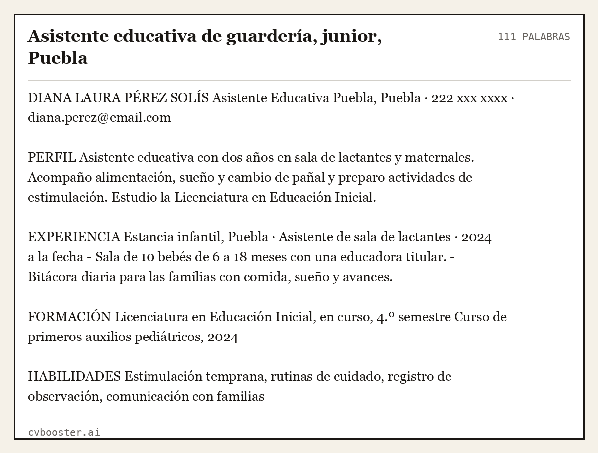Ejemplo completo: Asistente educativa de guardería, junior, Puebla, 111 palabras