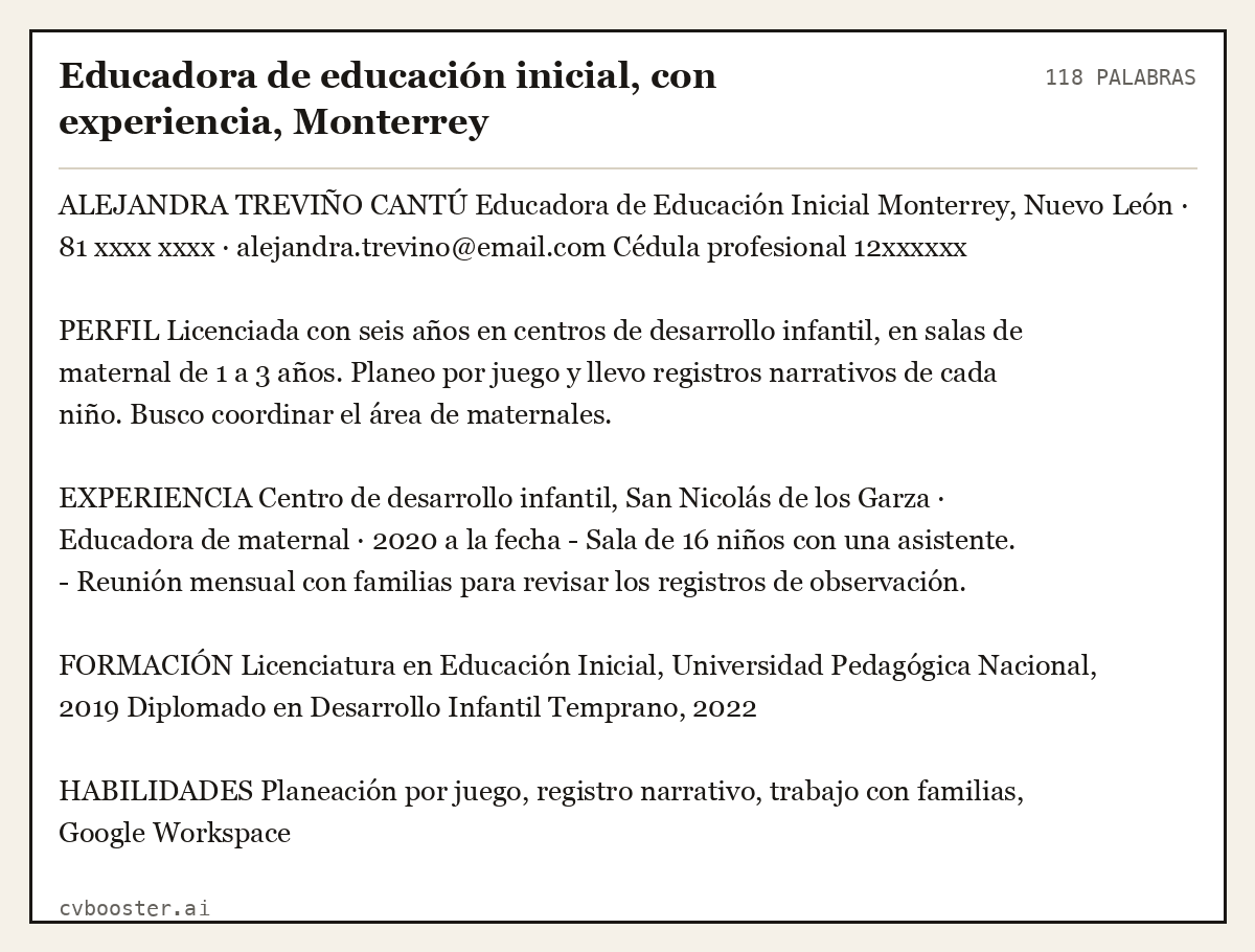 Ejemplo completo: Educadora de educación inicial, con experiencia, Monterrey, 118 palabras