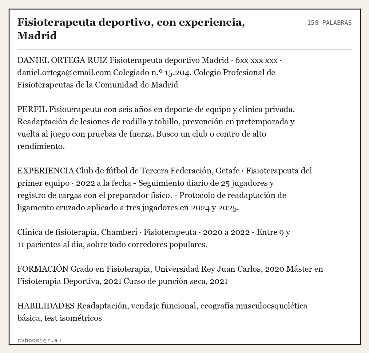 Ejemplo completo: Fisioterapeuta deportivo, con experiencia, Madrid, 159 palabras