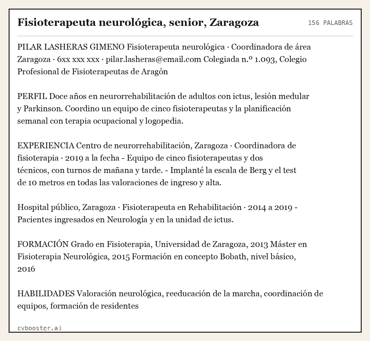 Ejemplo completo: Fisioterapeuta neurológica, senior, Zaragoza, 156 palabras