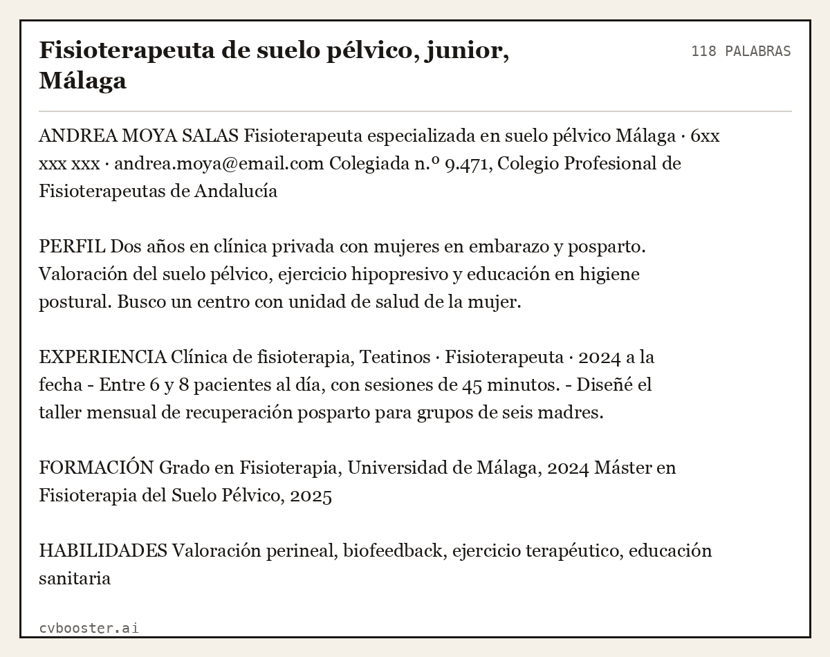 Ejemplo completo: Fisioterapeuta de suelo pélvico, junior, Málaga, 118 palabras
