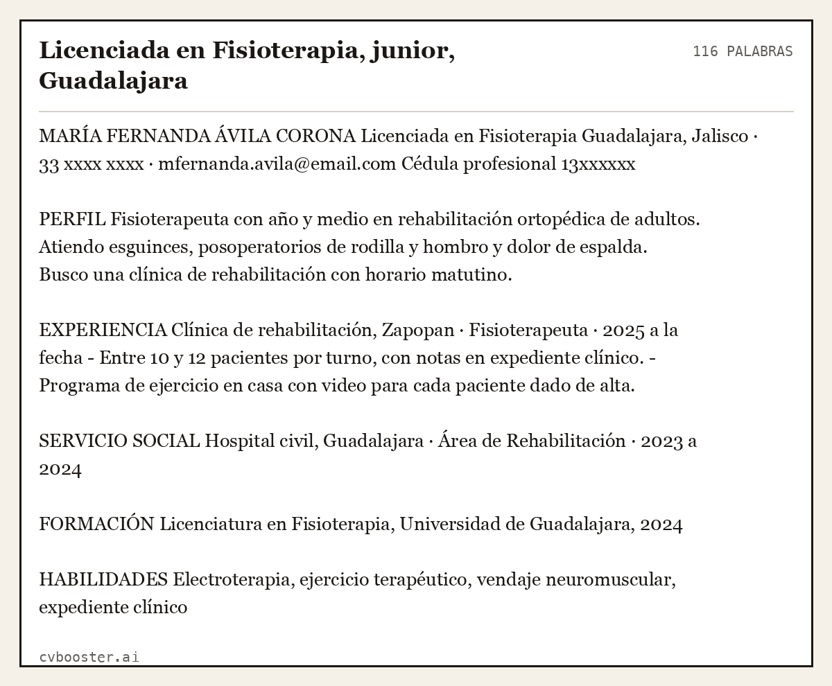 Ejemplo completo: Licenciada en Fisioterapia, junior, Guadalajara, 116 palabras