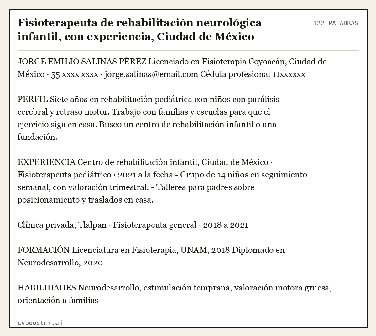 Ejemplo completo: Fisioterapeuta de rehabilitación neurológica infantil, con experiencia, Ciudad de México, 122 palabras