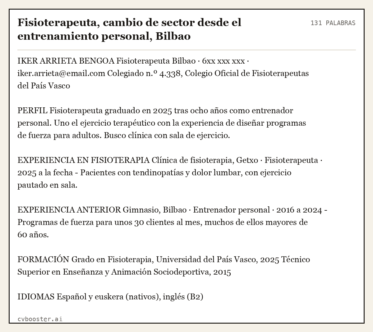Ejemplo completo: Fisioterapeuta, cambio de sector desde el entrenamiento personal, Bilbao, 131 palabras