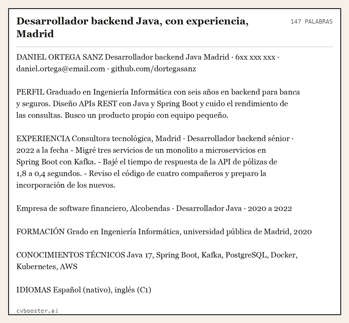 Ejemplo completo: Desarrollador backend Java, con experiencia, Madrid, 147 palabras